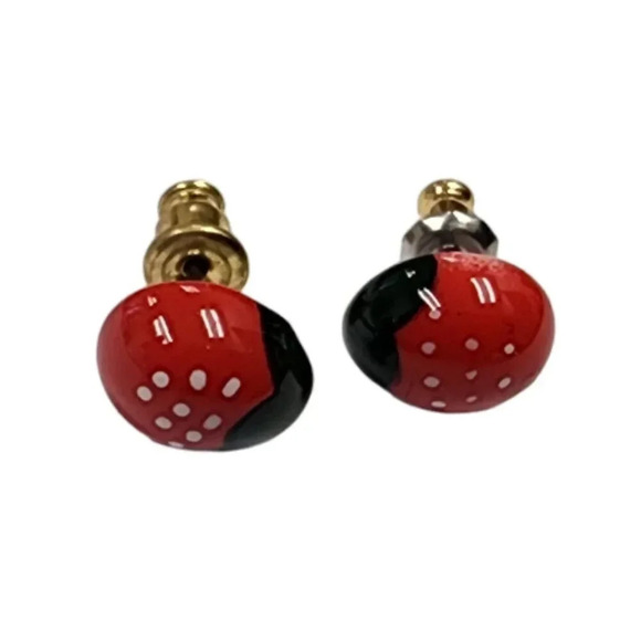 Vintage Red Black Enamel Ladybug Stud Earrings - Picture 1 of 2